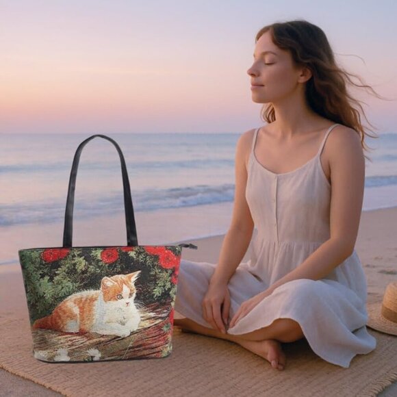 Luxurious Pebbled Leather Cat Tote - Lightweight 15L Floral Work Bag for Women - Picture 8 of 9